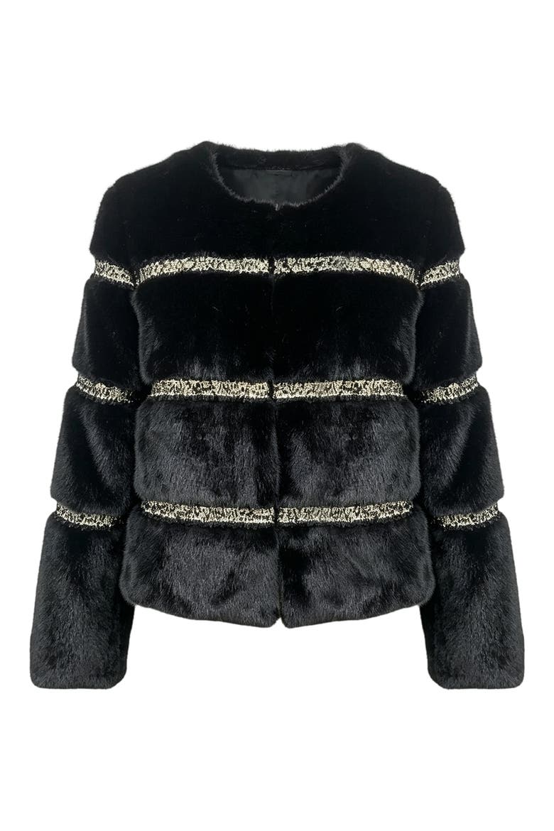 Metallic Lace Trim Faux Fur Jacket, Main, color, BLACK/ GOLD