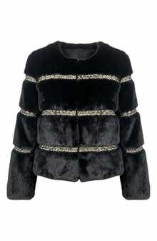 Metallic Lace Trim Faux Fur Jacket
