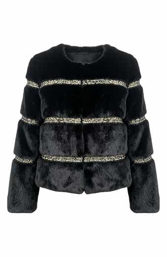 Metallic Lace Trim Faux Fur Jacket