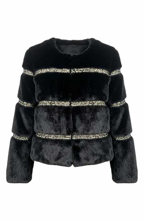 Metallic Lace Trim Faux Fur Jacket