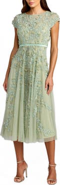 Mac Duggal Beaded Mesh Cap Sleeve A Line Cocktail Dress