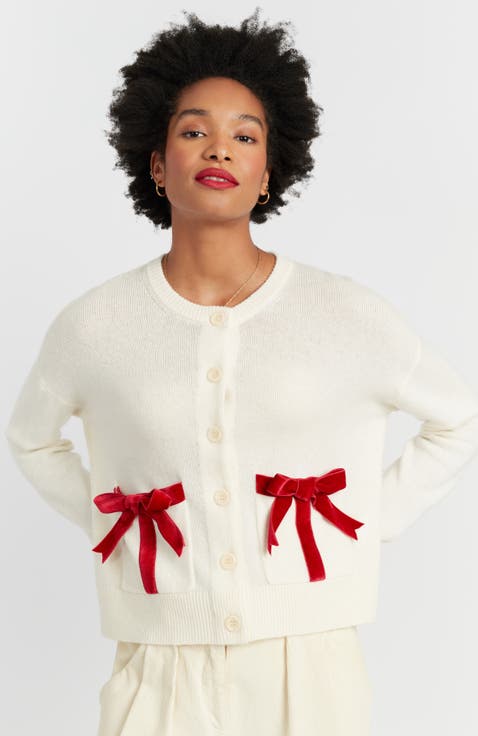 Wool-Cashmere Velvet Bow Cardigan
