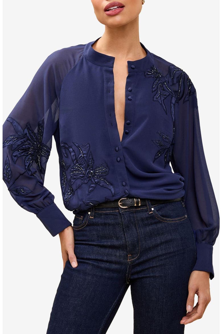 Floral Appliqué Band Collar Button-Up Shirt, Main, color, NAVY