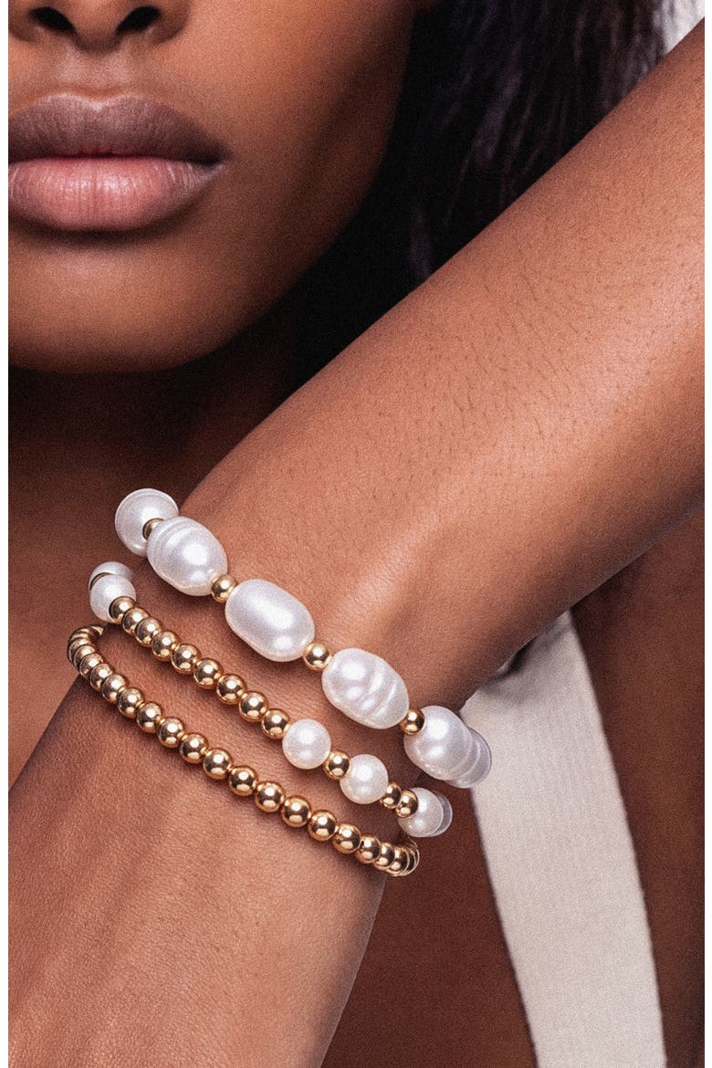 Set of 3 Imitation Pearl Stretch Bracelets, Alternate, color, GOLD