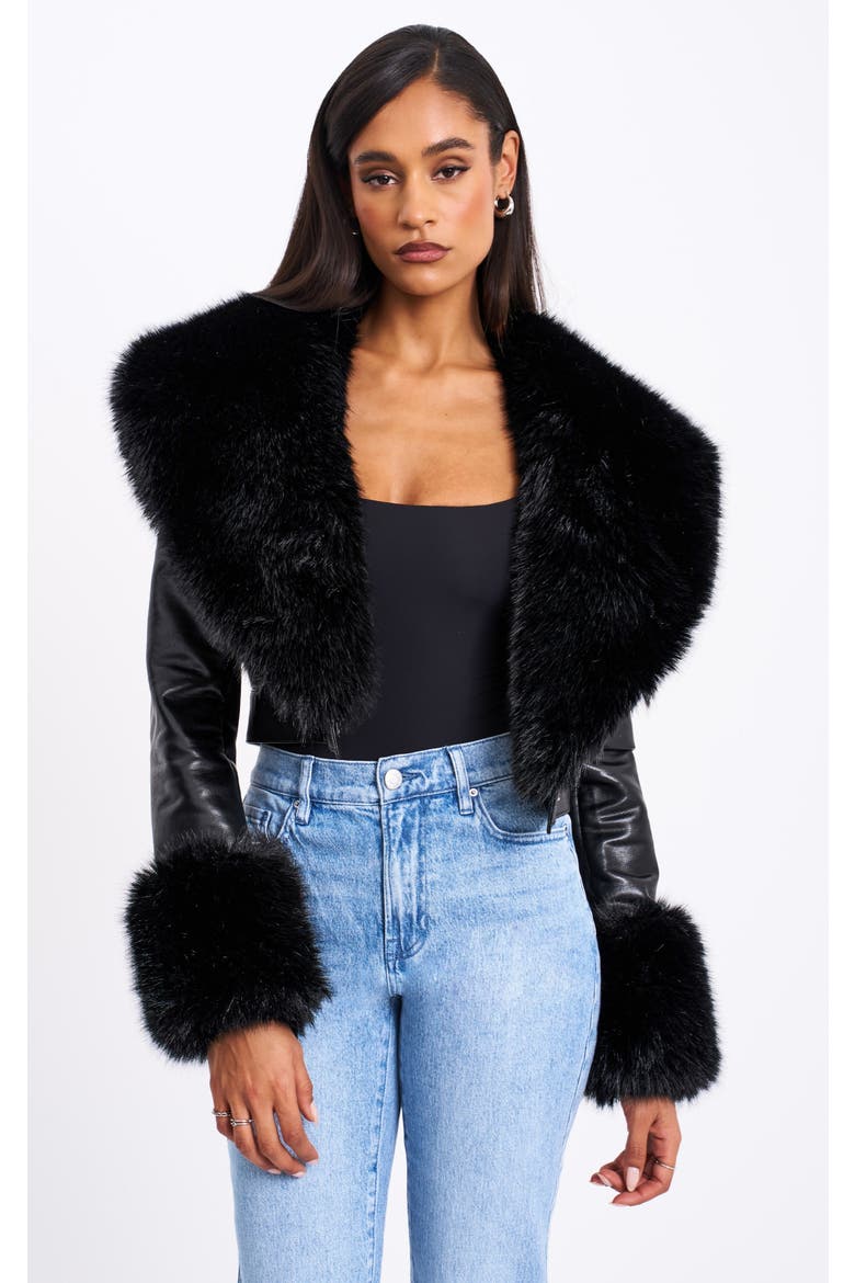 Ziah Cropped Leather Jacket with Fur Collar, Main, color, Black