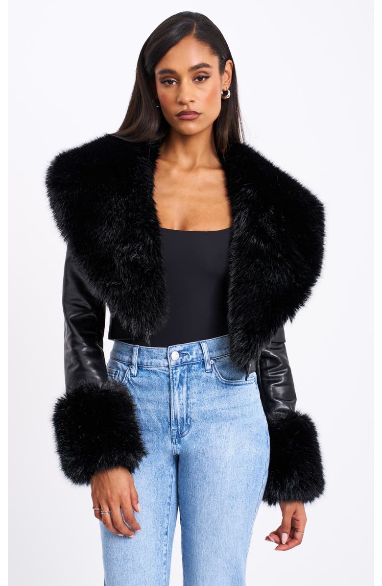 Miss Circle Ziah Cropped Leather Jacket with Fur Collar, Main, color, Black