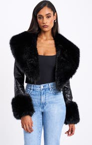 Miss Circle Ziah Cropped Leather Jacket with Fur Collar