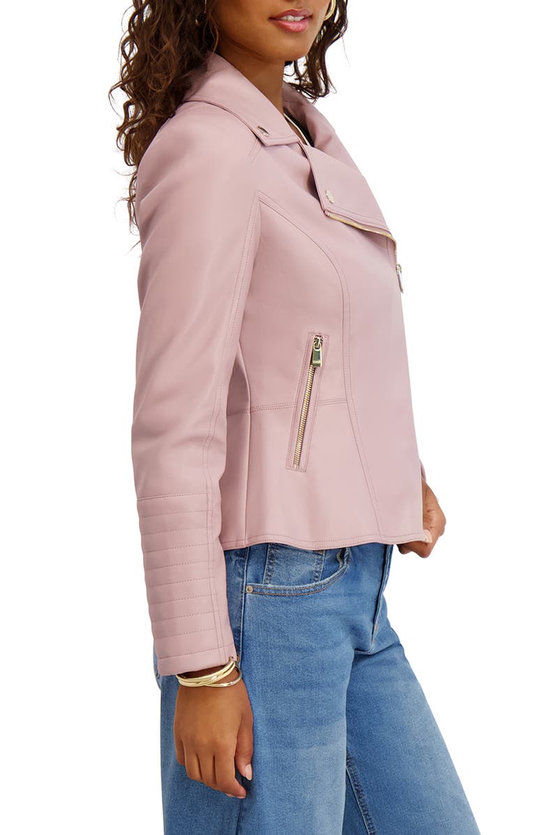 Kensie Peplum Back Faux Lether Moto Jacket, Alternate, color, Rose
