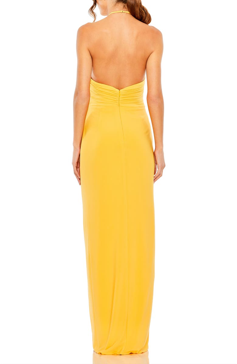 Mac Duggal Halter Neck Ruched Side Front Slit Gown, Alternate, color, Marigold