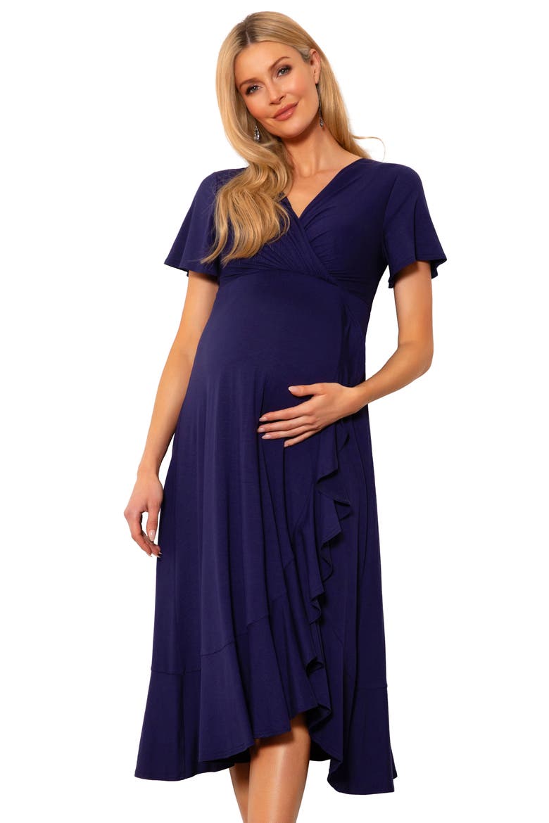 Waterfall Faux Wrap Maternity/Nursing Midi Dress, Alternate, color, ECLIPSE BLUE