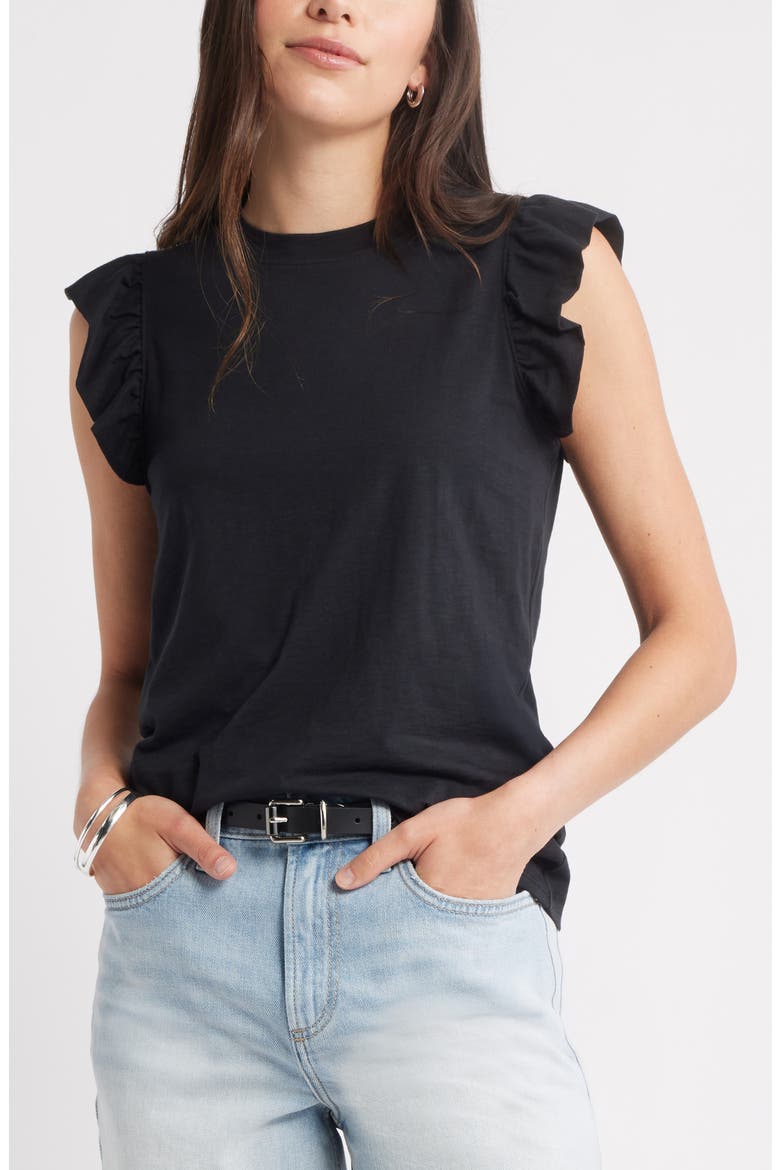 Ruffle Sleeveless Pima Cotton Top, Main, color, BLACK