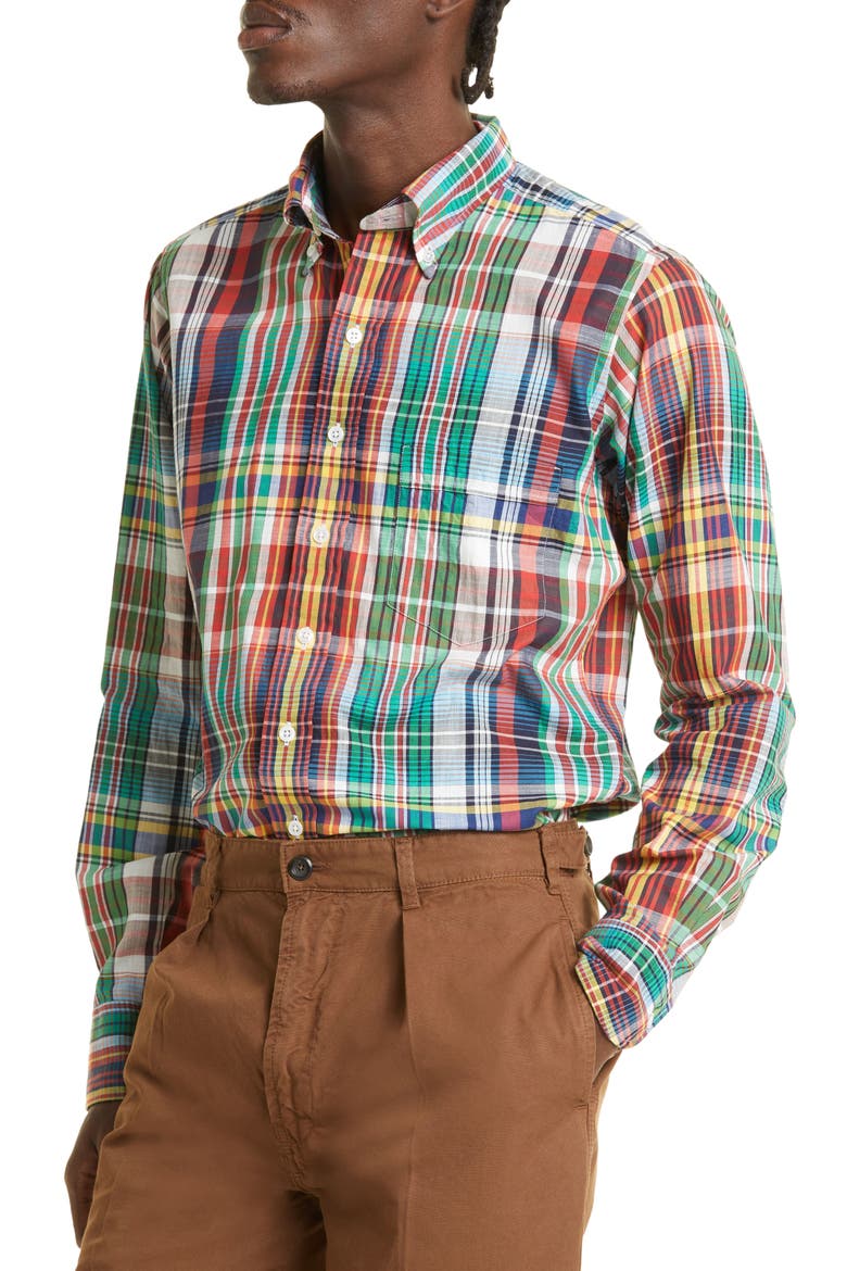 Plaid Cotton Button-Down Shirt, Alternate, color, RED / GREEN / MUTLI