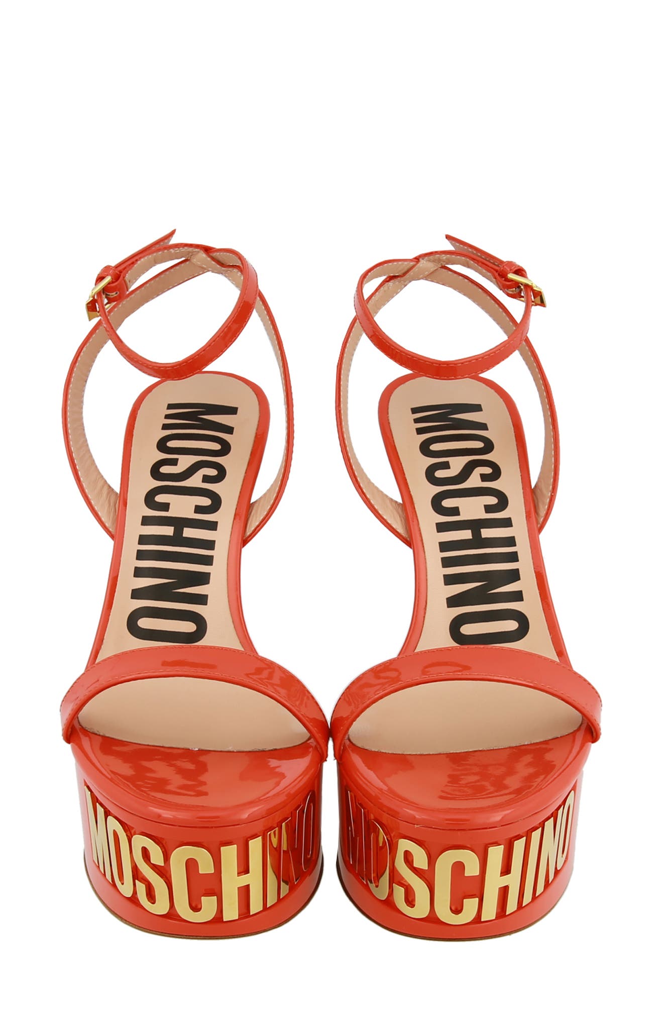 Moschino Logo Ankle Strap Platform Sandal, Alternate, color, Orange