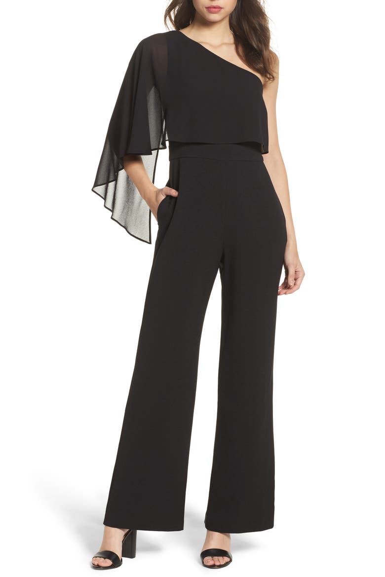 Cape Overlay One-Shoulder Jumpsuit, Main, color, BLACK