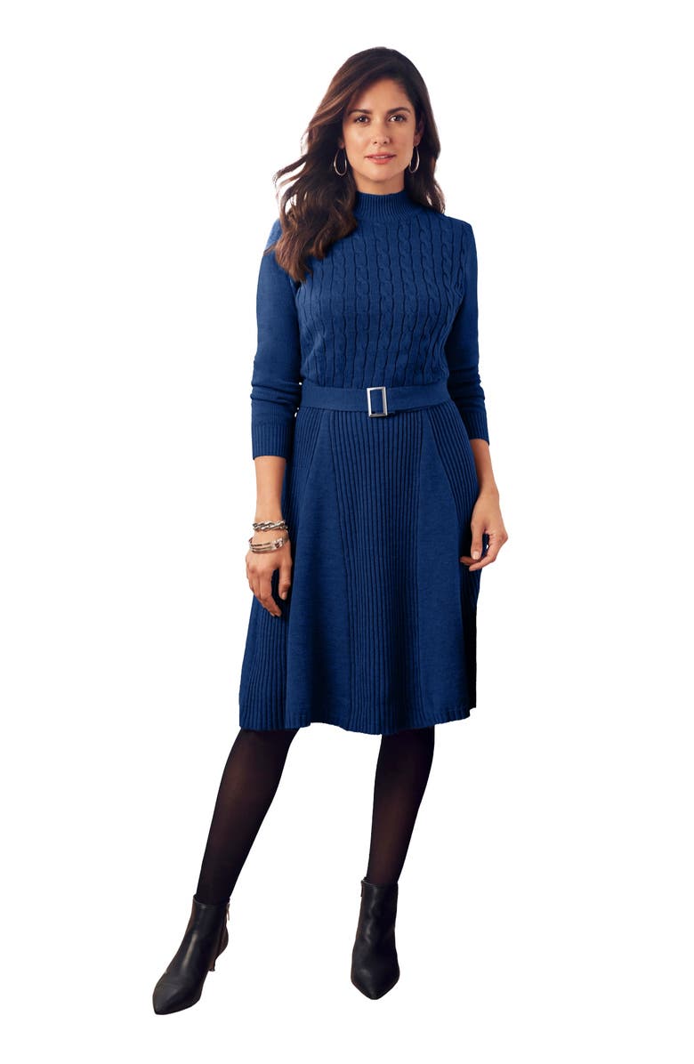 Jessica London Belted Cable Sweater Dress, Main, color, Evening Blue