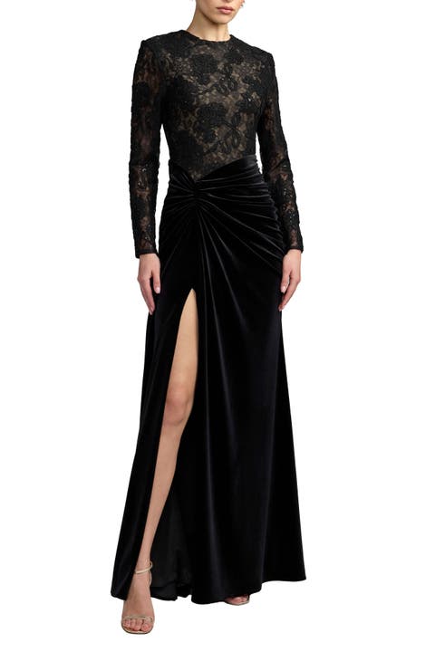 Petite Lace Long Sleeve Ruched Velvet Gown