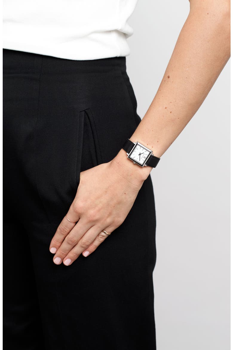 'Norse' Square Leather Strap Watch, 27mm x 34mm, Alternate, color, BLACK/ WHITE/ SILVER
