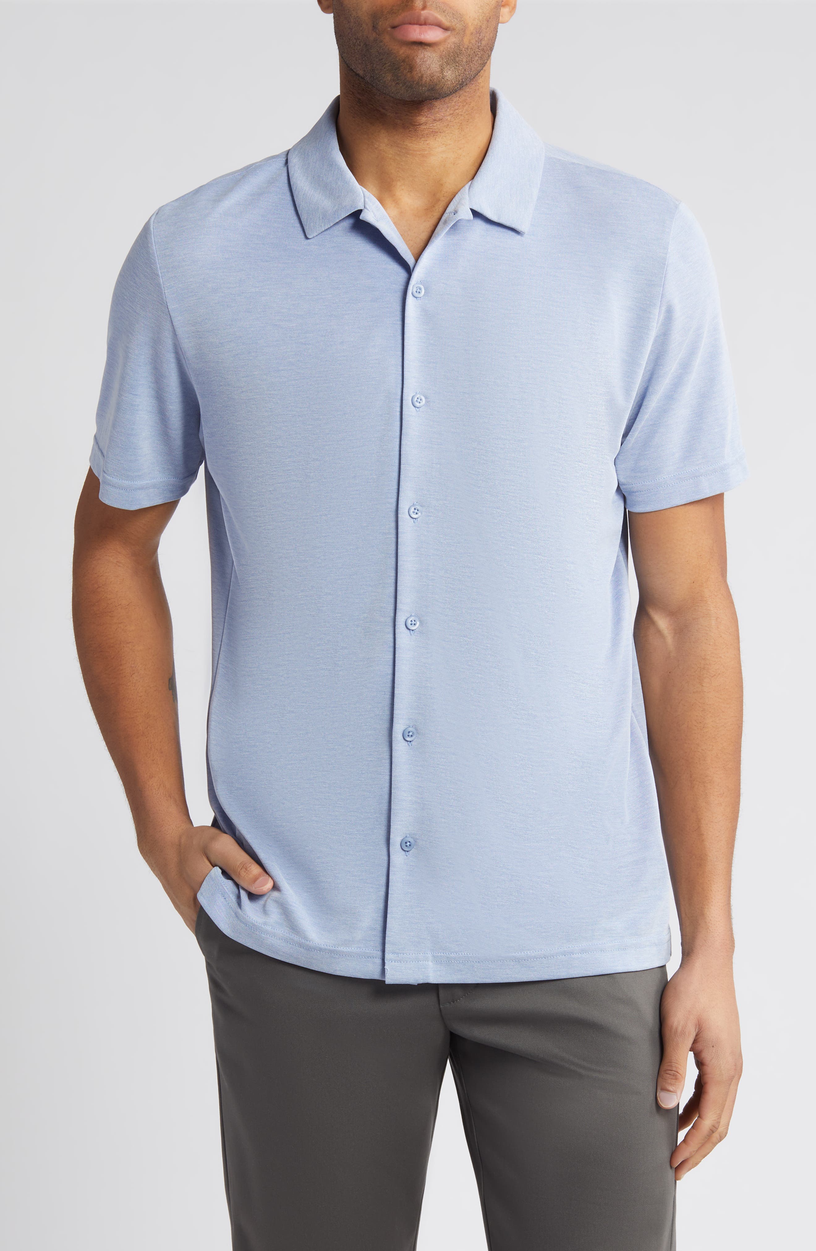 Bird's Eye Short Sleeve Knit Button-Up Shirt