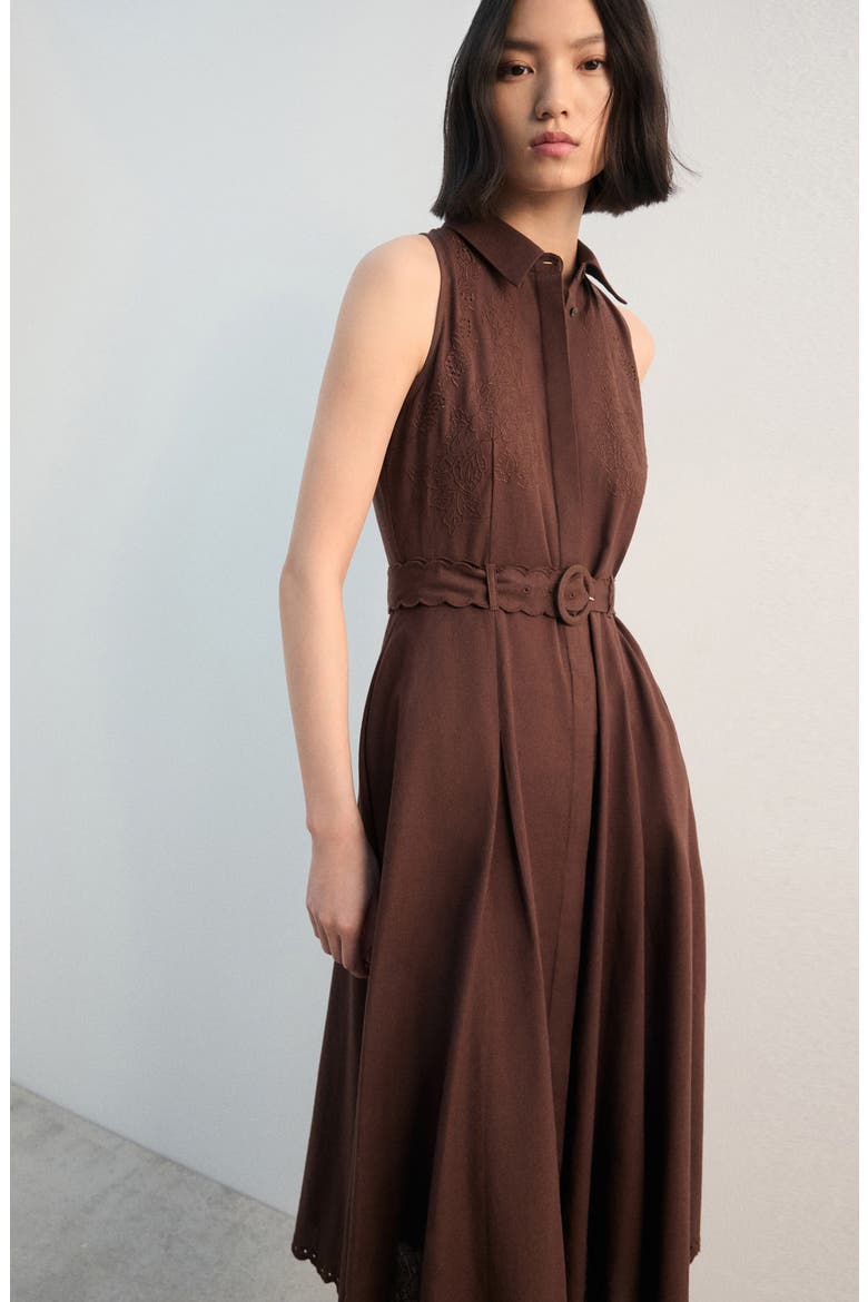 Floral Embroidered Belted Cotton & Linen Shirtdress, Alternate, color, BROWN