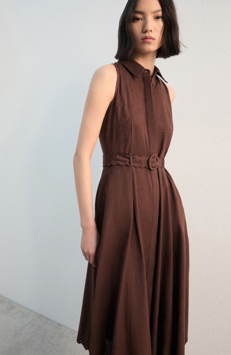 MANGO Floral Embroidered Belted Cotton & Linen Shirtdress, Alternate, color, Brown