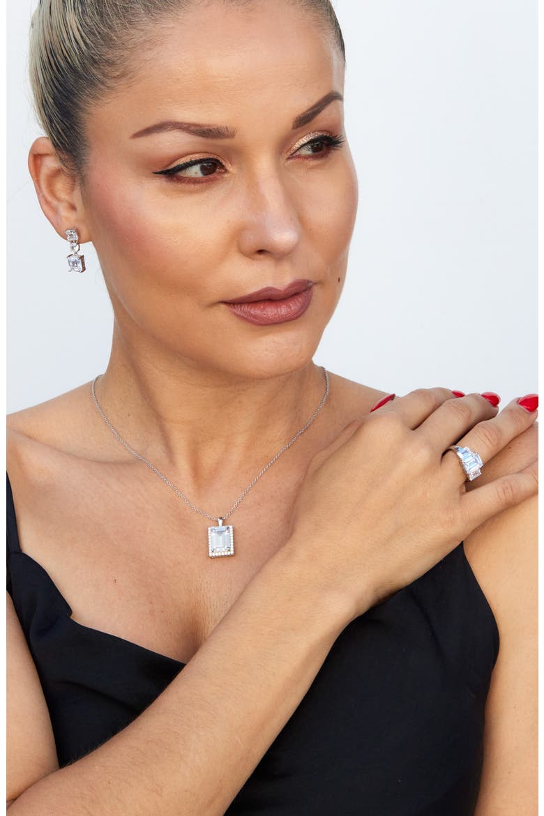Emerald Cut Cubic Zirconia Halo Pendant Necklace, Alternate, color, WHITE