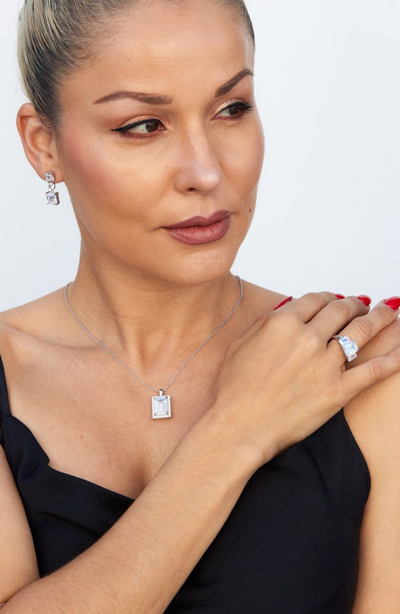 SAVVY CIE JEWELS Emerald Cut Cubic Zirconia Halo Pendant Necklace, Alternate, color, White