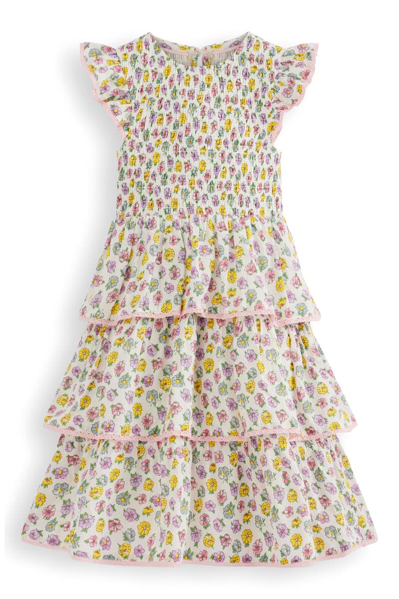 Kids' Lace Trim Smocked Bodice Tiered Cotton Dress, Main, color, SOFT IVORY ROSA
