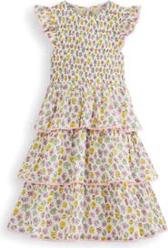 Mini Boden Kids' Lace Trim Smocked Bodice Tiered Cotton Dress