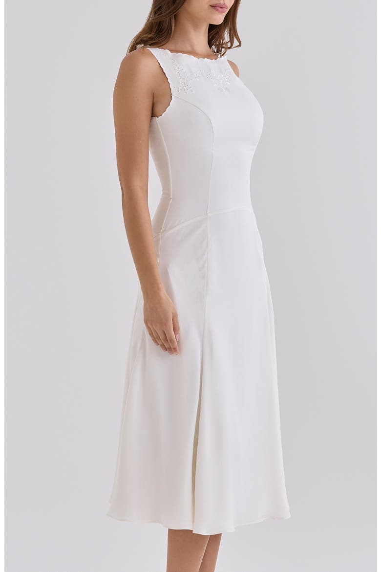 Alyssia Embroidered Satin Midi Dress, Alternate, color, WHITE
