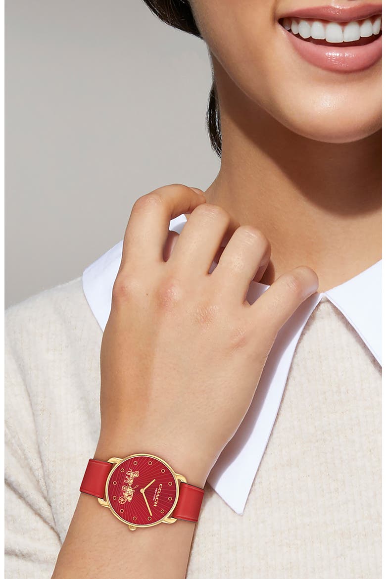 Elliot Leather Strap Watch, 36mm, Alternate, color, RED