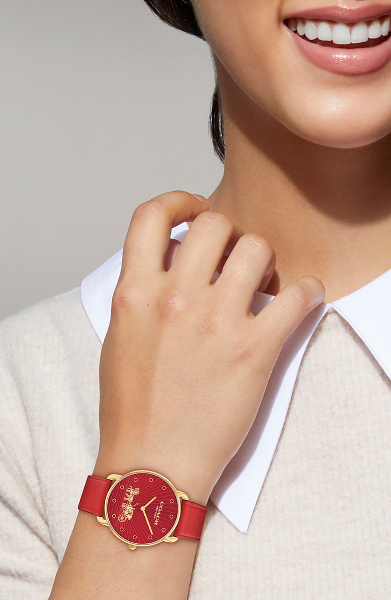 COACH Elliot Leather Strap Watch, 36mm, Alternate, color, Red