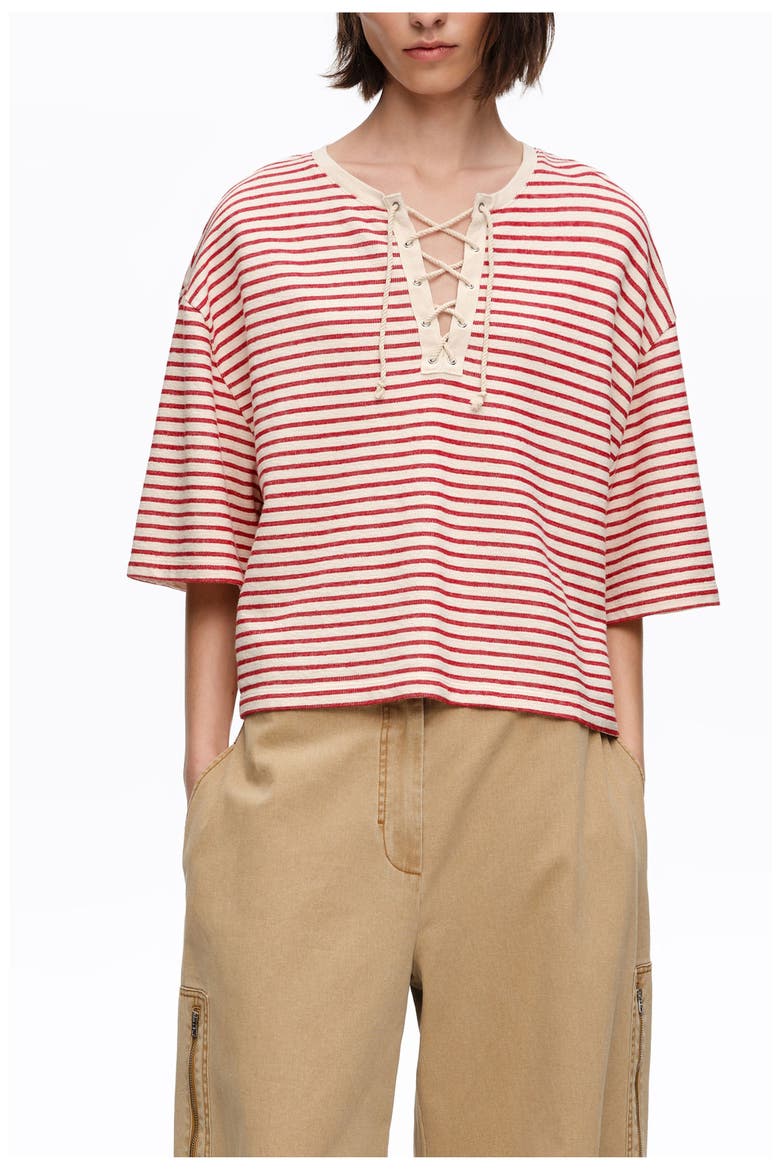 Cotton T-Shirt with Corset Detail, Main, color, RED