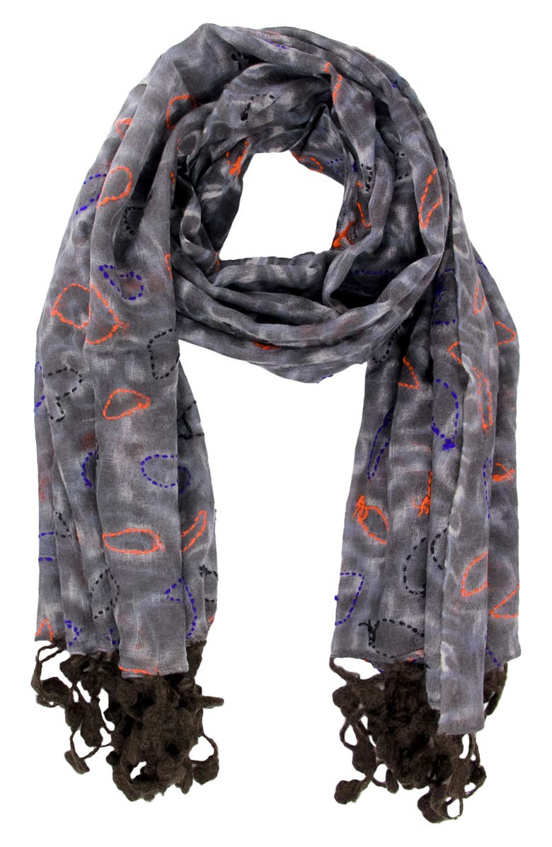 SAACHI Mix Print Fringe Scarf, Alternate, color, Grey