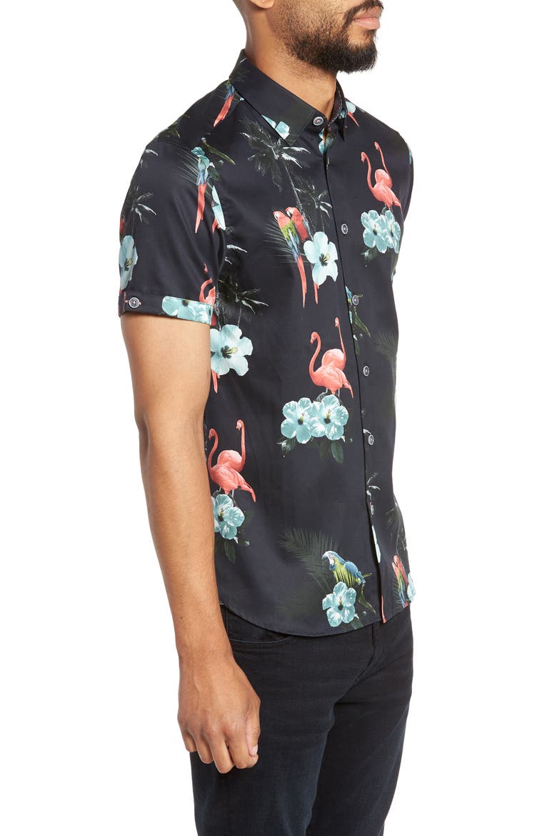 Chela Slim Fit Tropical Print Sport Shirt, Alternate, color, NAVY
