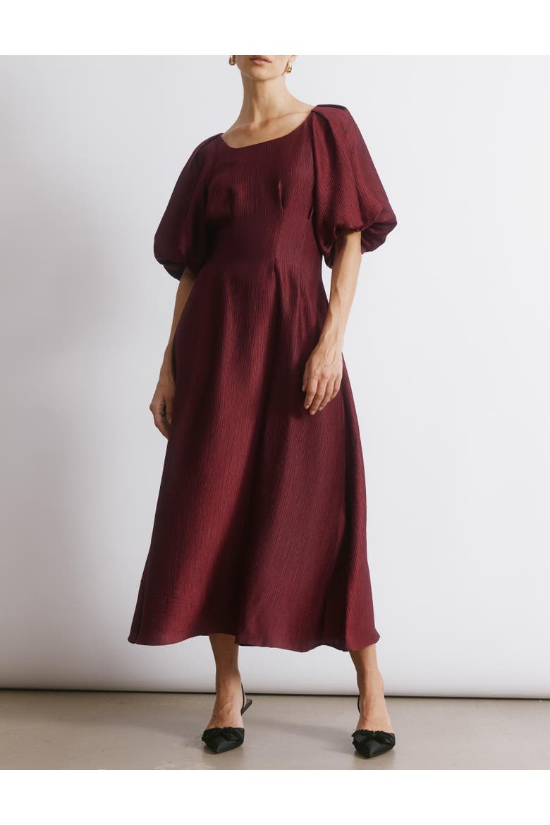 Crinkle Satin Short Sleeve Midi Dress, Alternate, color, Burgundy