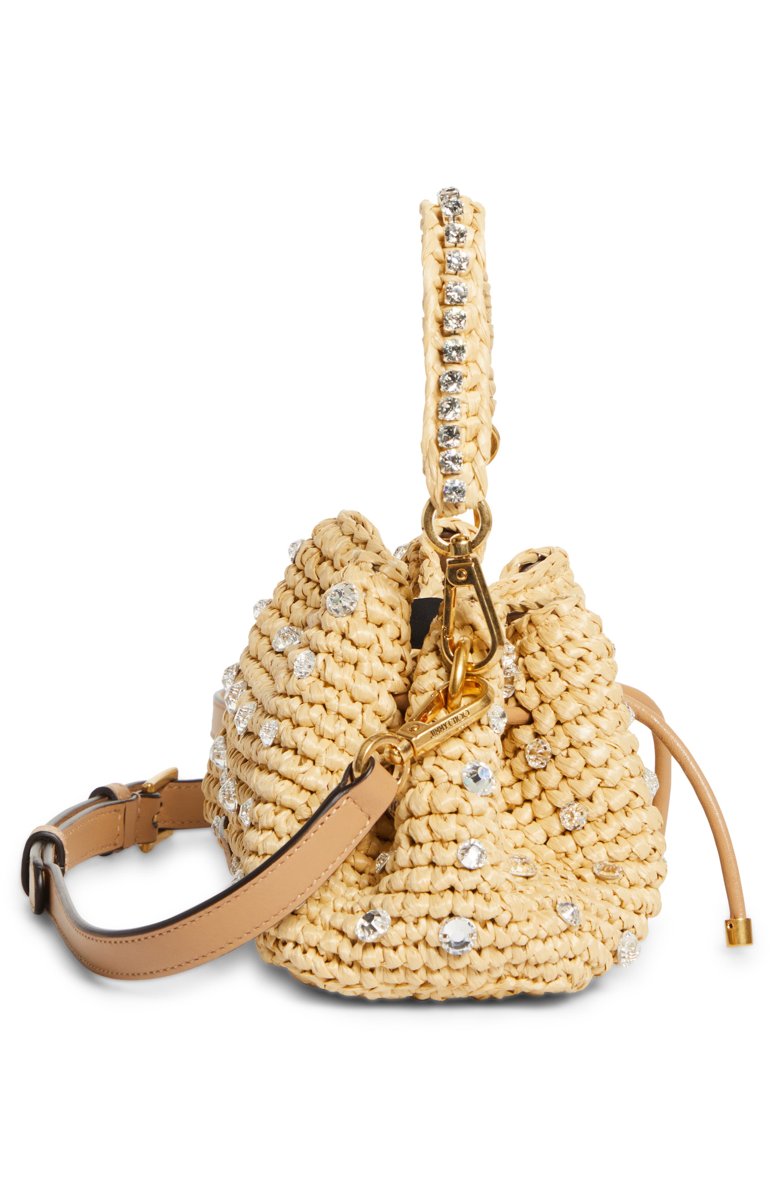 Jimmy Choo Small Cinch Crystal Embellished Raffia Bucket Bag, Alternate, color, 