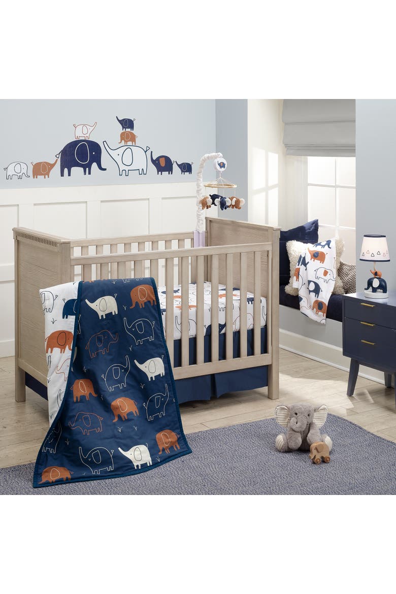 Playful Elephant Cotton 3-Piece Baby Crib Bedding Set, Alternate, color, Blue