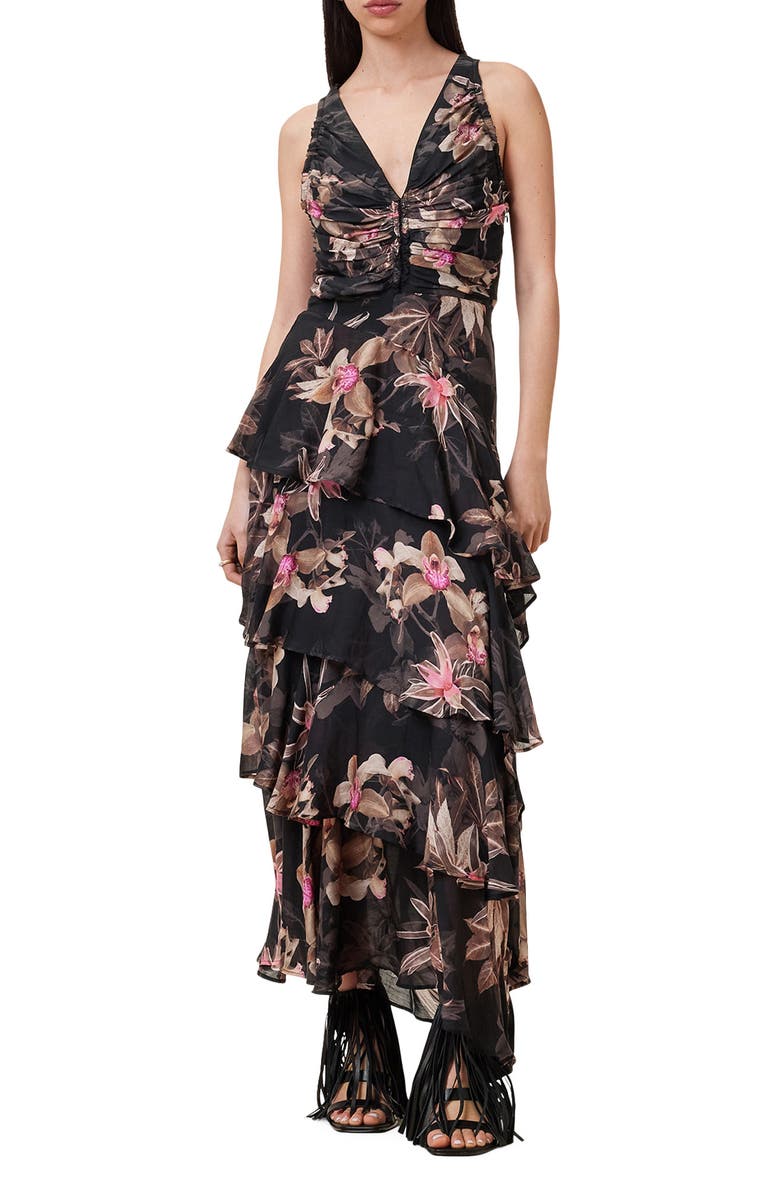 AllSaints Cali Floral Ruffle Tiered Cocktail Dress, Main, color,