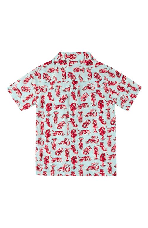 Brooks Brothers Kids' Lobster Print Short Sleeve Button-up Shirt In Aqua Green