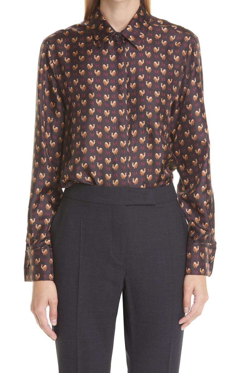 Max Mara Camel Print Silk Button-Up Blouse, Main, color, 