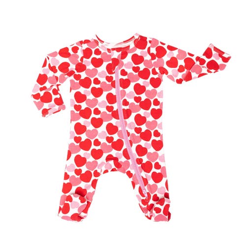 Norani Stretch Organic Cotton Zip Footie In Red & Pink Hearts