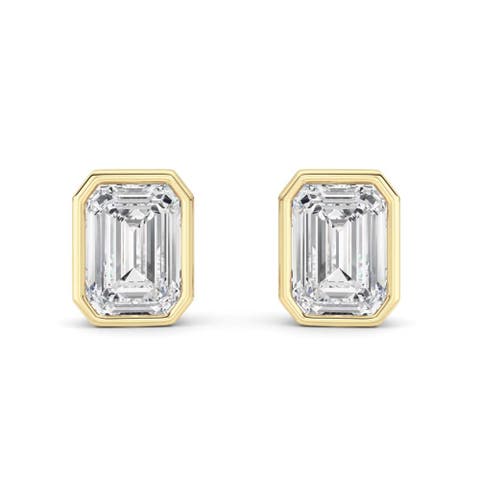 2Ct TW Emerald Cut Diamond Bezel Studs 14k Gold Lab Grown Earrings