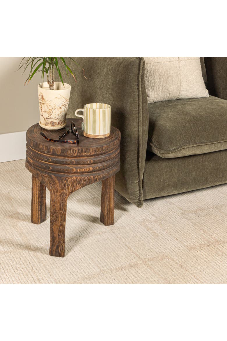 Paulownia Wood Carved Stool, Marbled Brown Finish, Alternate, color, Brown
