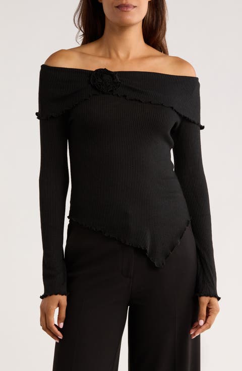Off the Shoulder Long Sleeve Asymmetric Top