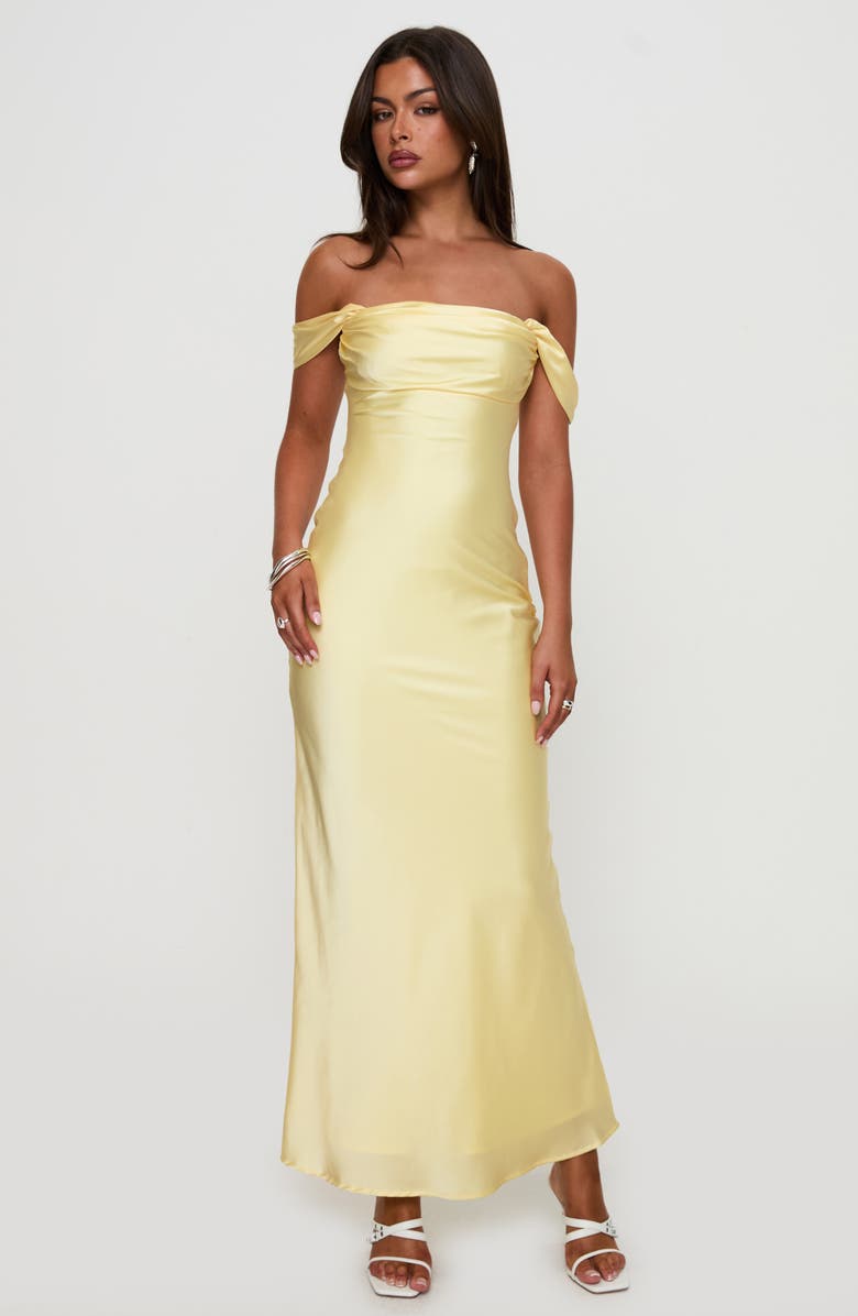 Princess Polly Azura Off the Shoulder Satin Gown, Alternate, color, Yellow