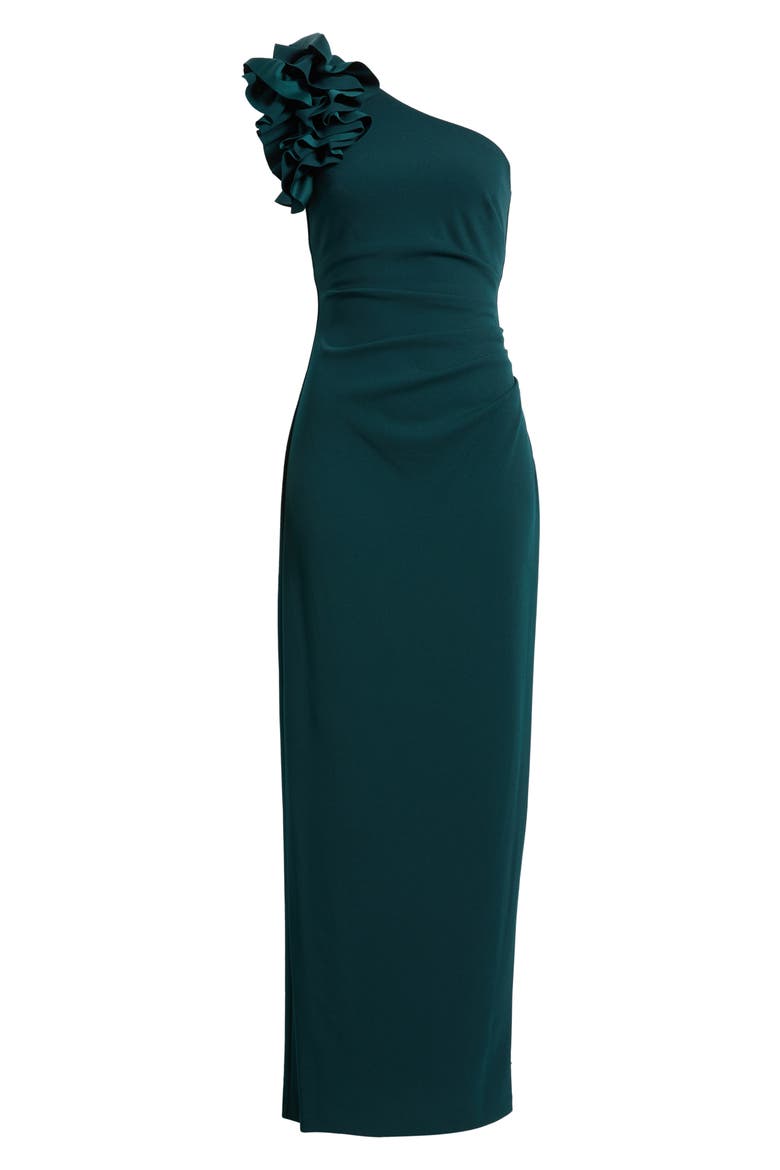 One-Shoulder Ruffle Scuba Crepe Dress, Main, color, PINE