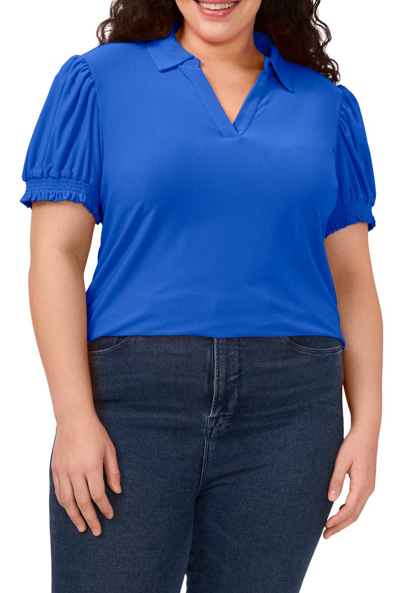 Puff Sleeve Spread Collar Crepe Knit Top, Main, color, DP ROYAL BLUE