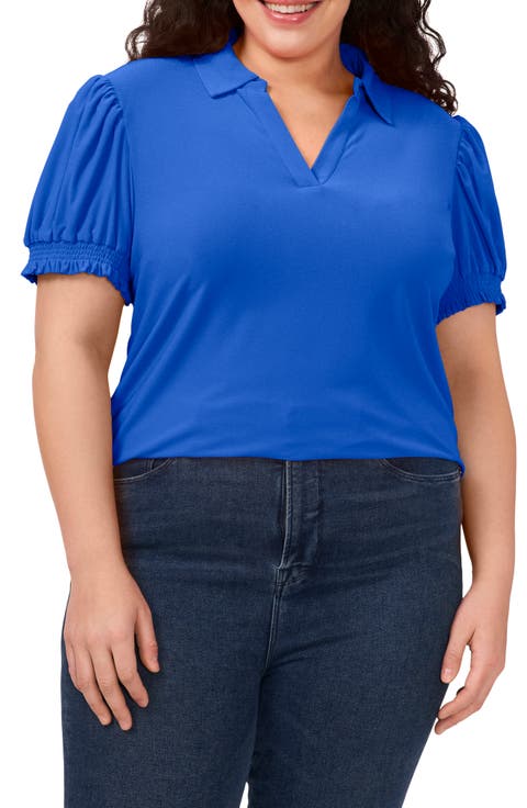 Puff Sleeve Spread Collar Crepe Knit Top (Plus)