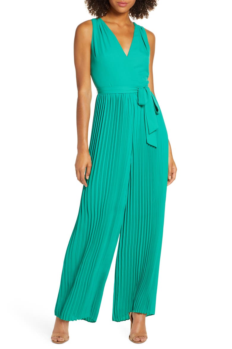 Pleated Faux Wrap Jumpsuit, Main, color, TEAL