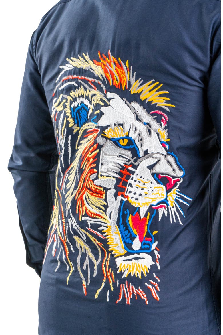 Fibonacci Lion Embroidered Contemporary Fit Button-Up Shirt, Alternate, color, BLUE